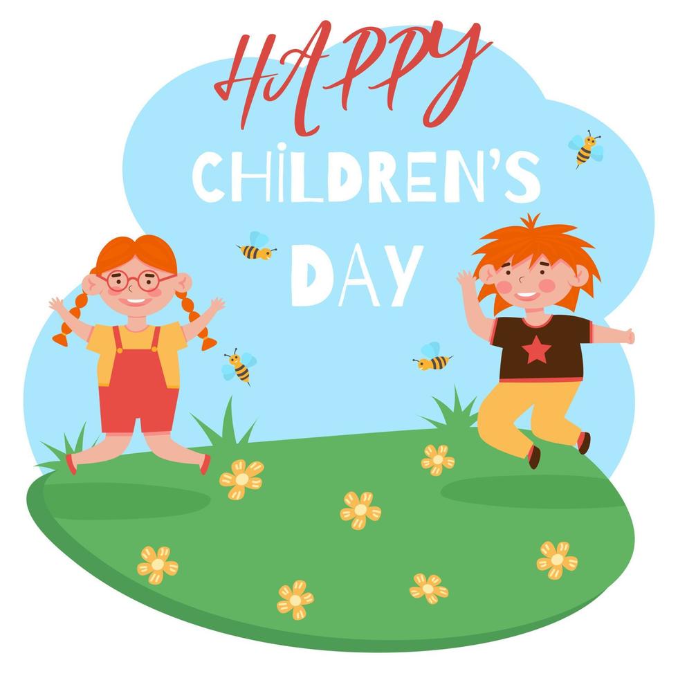 glückliches Kindertageskonzept flache Vektorillustration mit springenden glücklichen lächelnden Kindern vektor