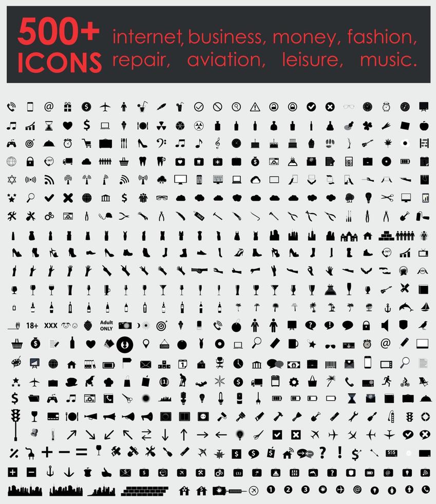 500 Icons Internet, Business, Geld, Mode, Reparatur, Luftfahrt, Freizeit, Musik. vektor