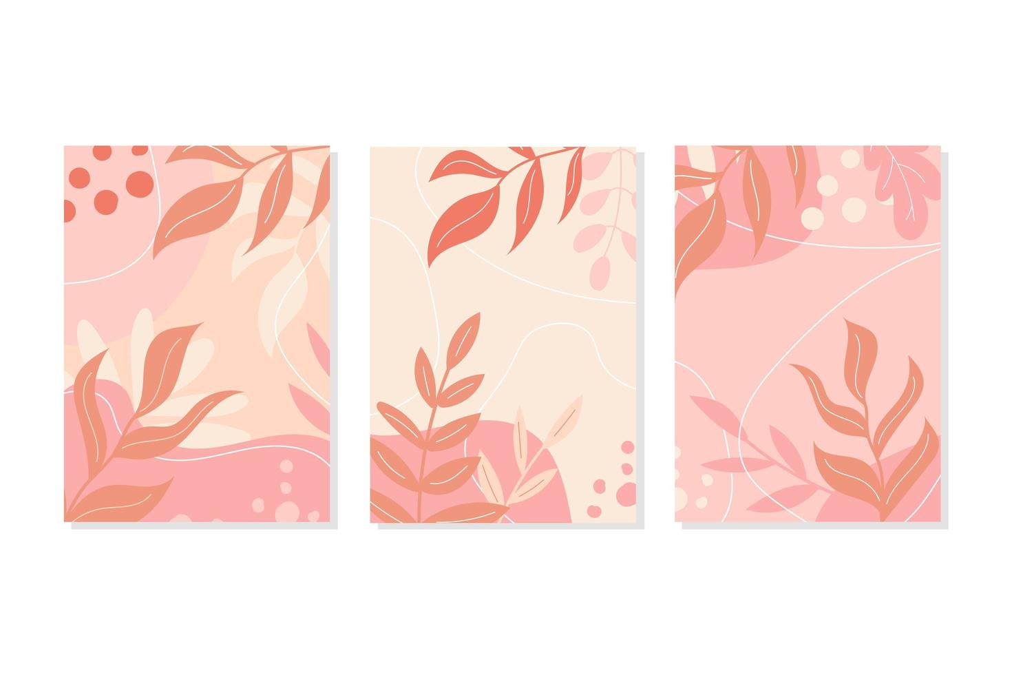 en uppsättning vykort i rosa pastellfärger. höst- eller vårlöv och dekor vektor
