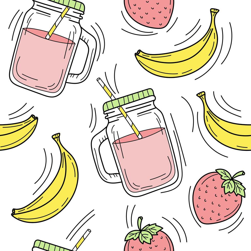 Bananen-Erdbeer-Smoothie im Glas. handgezeichnetes nahtloses Muster vektor