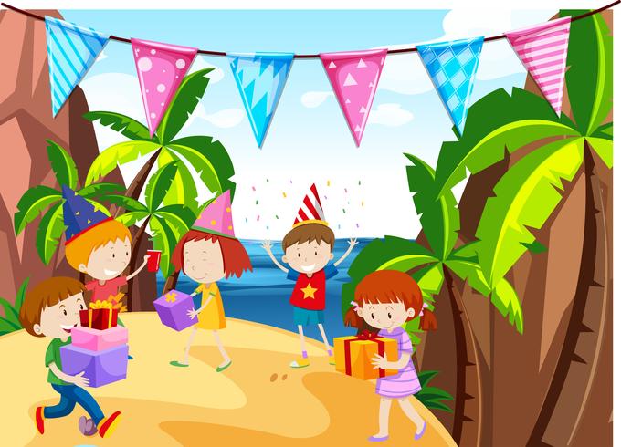 Viele Kinder feiern am Strand vektor