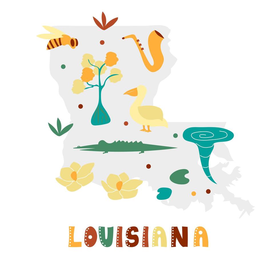 USA-Kartensammlung. Staatssymbole auf grauer Staatssilhouette - Louisiana vektor