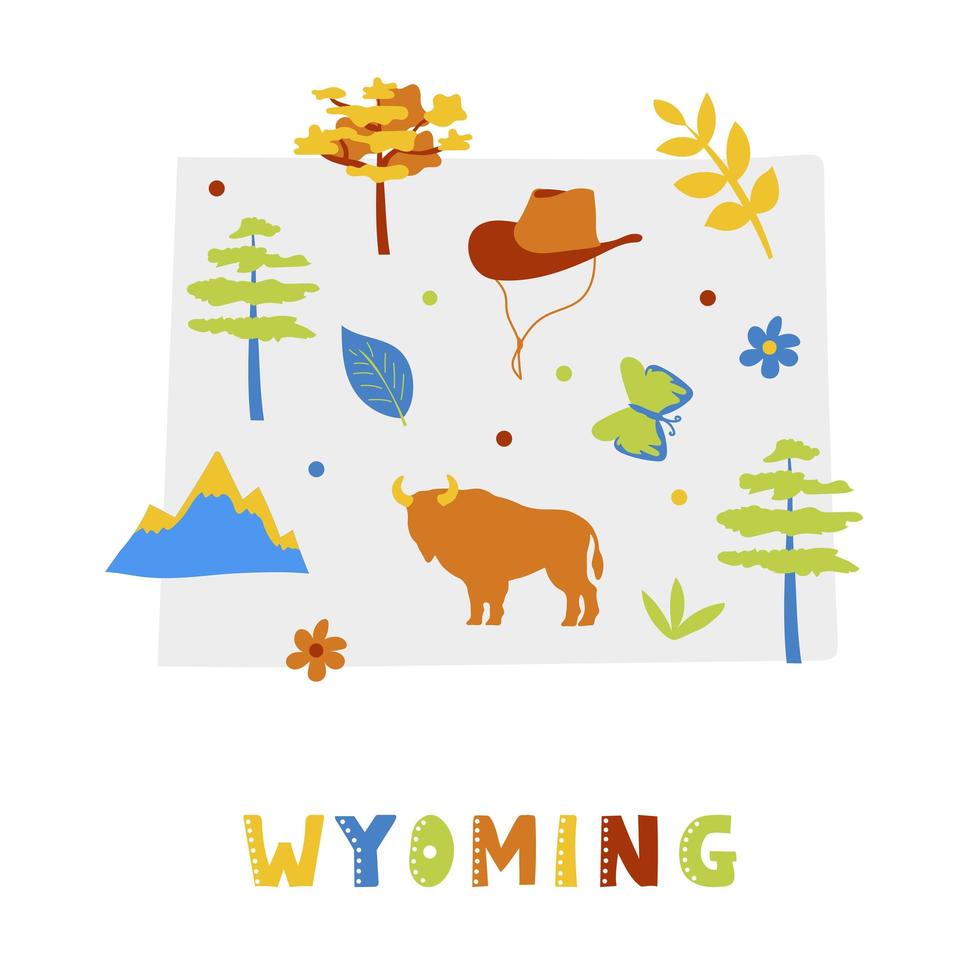 USA-Kartensammlung. Staatssymbole auf grauer Staatssilhouette - Wyoming vektor