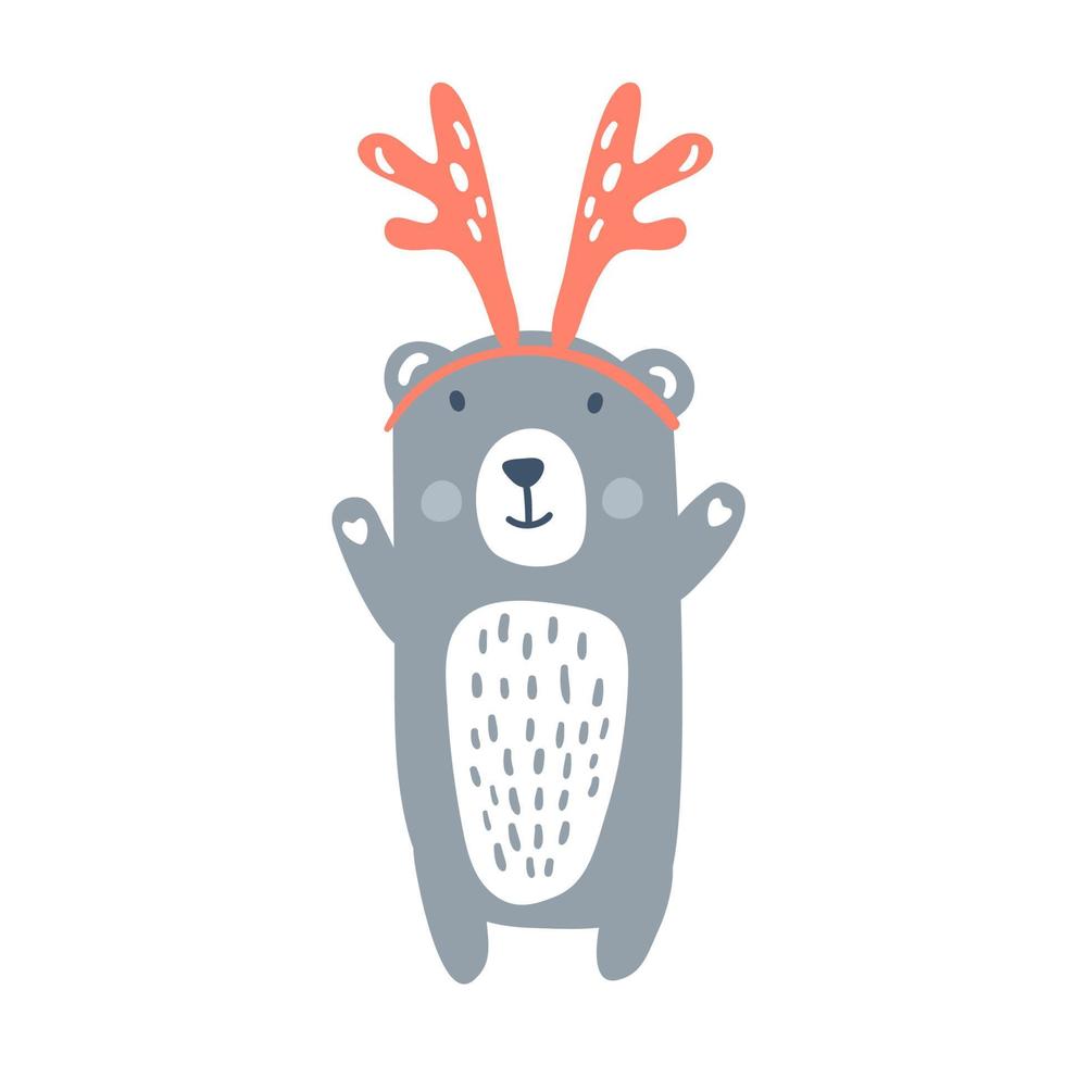 handritad vektor jul söt skandinavisk björn med rådjur horn. illustration för baby dagis t-shirt, barnkläder, textil, inbjudan. enkel barndesign