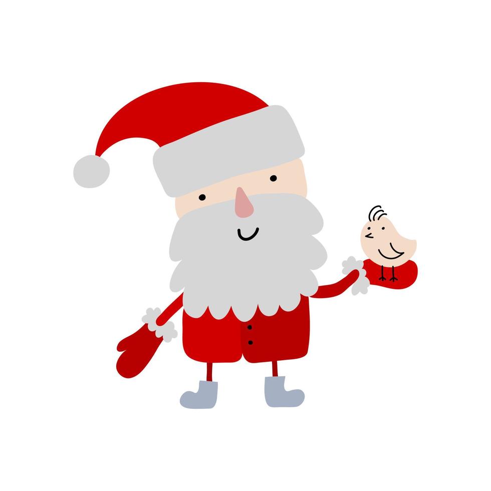 handgezeichnete Vektor-Illustration Weihnachtsmann in rotem Hut und Vogel. Frohe Weihnachten coole Illustration für Kinderzimmer T-Shirt, Kinderbekleidung, Einladung. einfaches skandinavisches Winterkinderdesign vektor