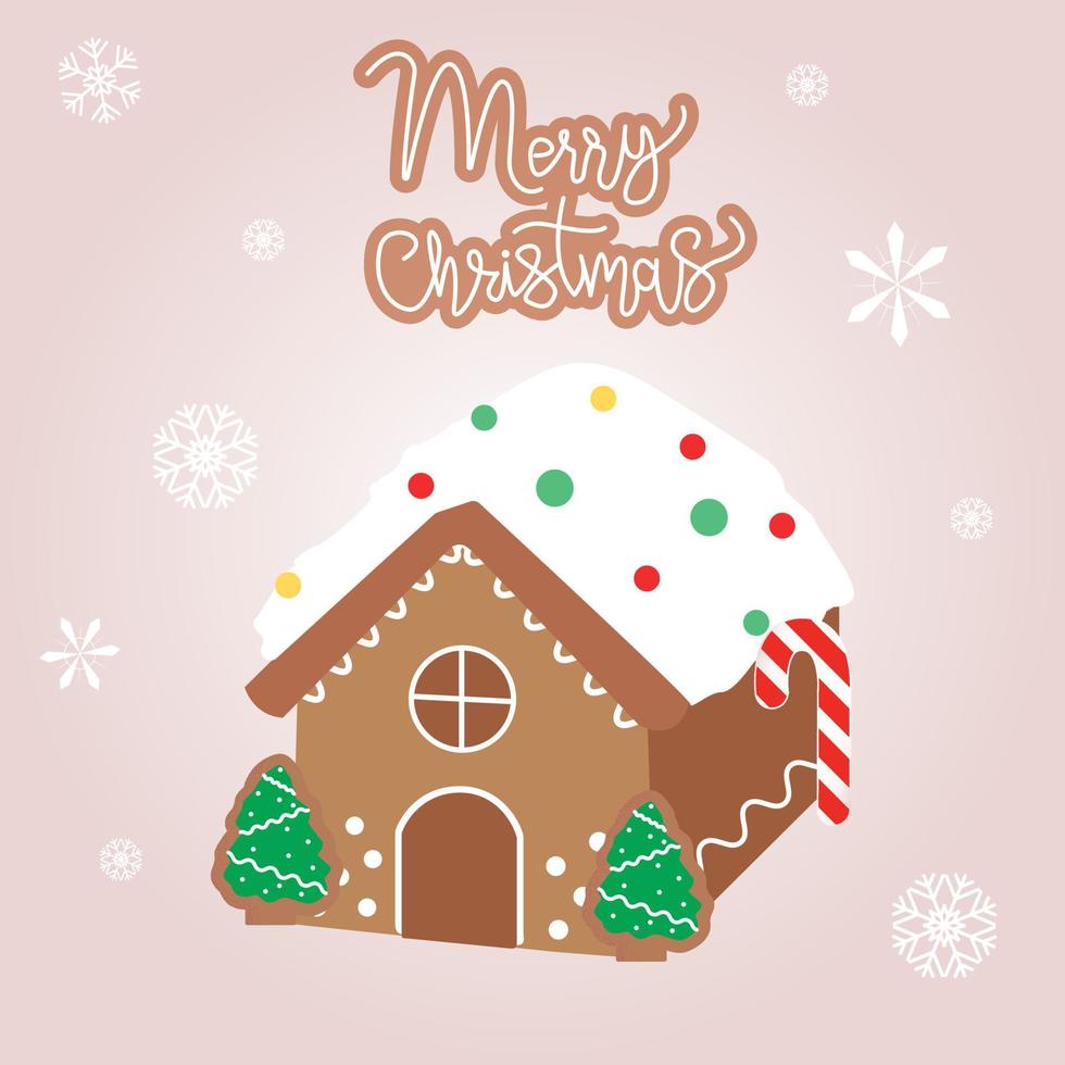 illustration av pepparkakshus med julgranar och godis och snöflingor vektor