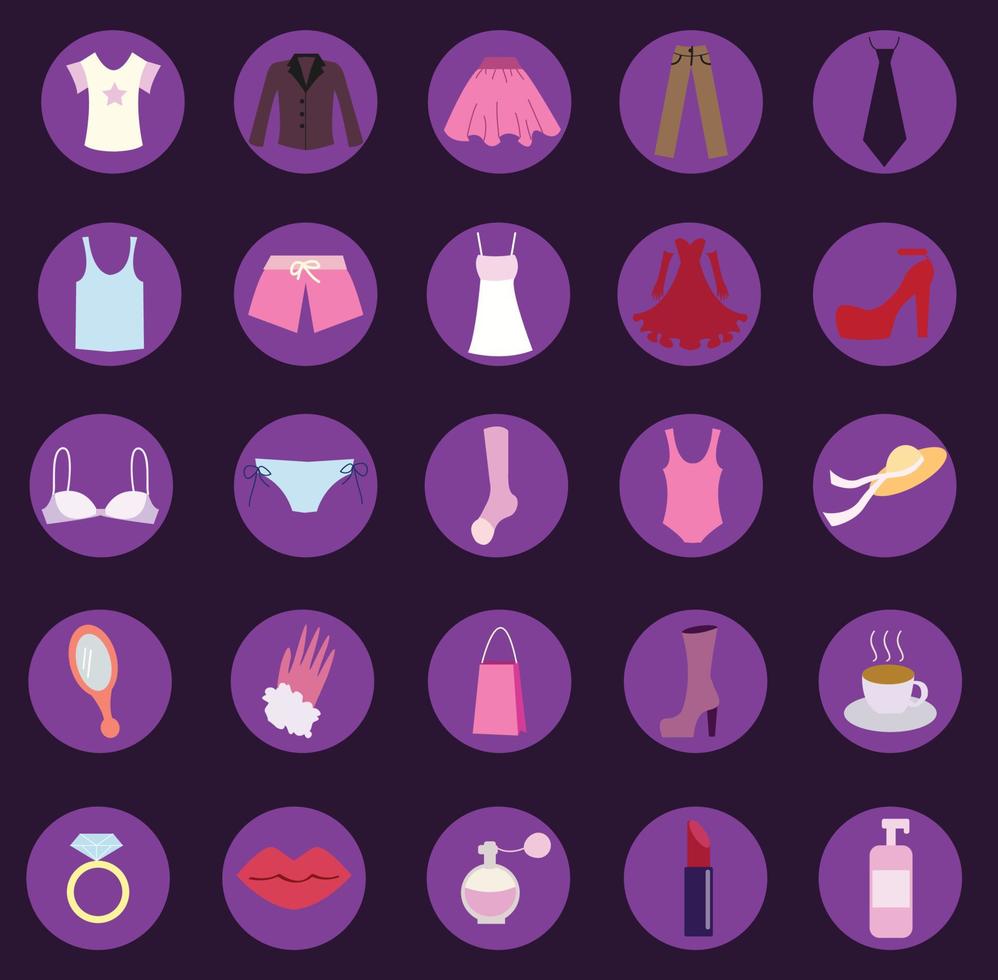 uppsättning kvinna shopping kläder och tillbehör element. isolerade platt färgglada vektor ikoner
