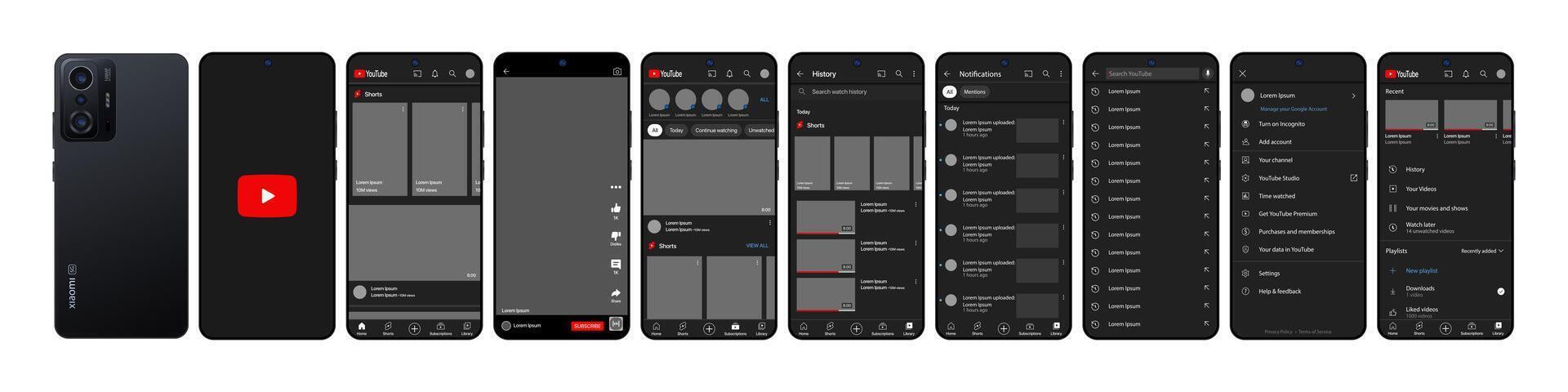 Youtube mobil gränssnitt i xiaomi redmi11t. du rör skärm social media, video värd gränssnitt mall. hemsida, logotyp, rekommendationer, prenumeration, profil. mörk tema. redaktionell illustration vektor