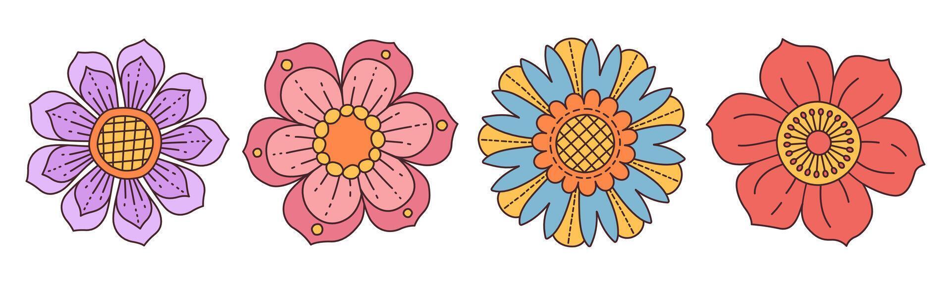 samling av vår färgrik blomma. uppsättning trendig häftig vild blomma 70s årgång stil isolerat på vit. hand dragen blomma klotter illustration. ljus färgrik blommor. retro blommig design. vektor