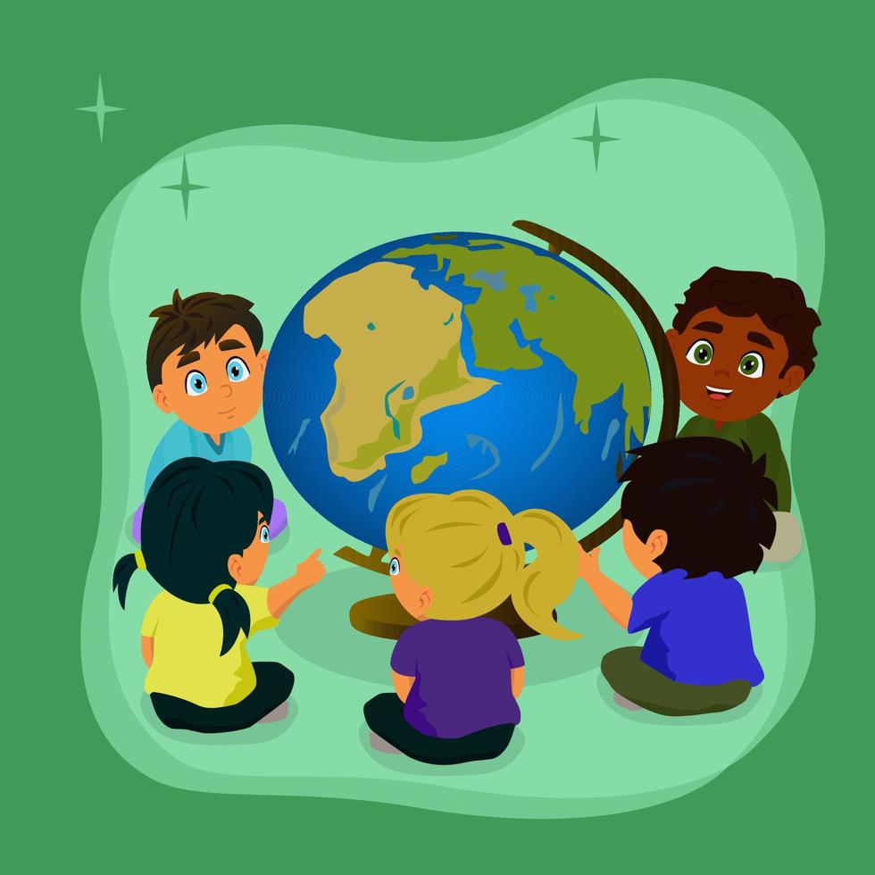 Kinder, die im Kreis sitzen, betrachten den Globus mit großem Interesse. vektor
