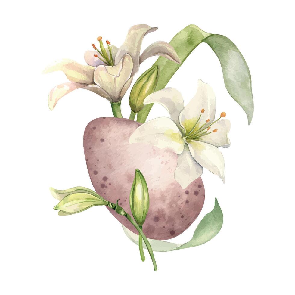 Ostern Ei mit Lilien Komposition. Weiß Lilie Christian Symbol Aquarell Illustration isoliert. Blume und Ei Anordnung Hand gezeichnet im Pastell- Farbe. Design zum Einladung, Ostern Dekoration vektor