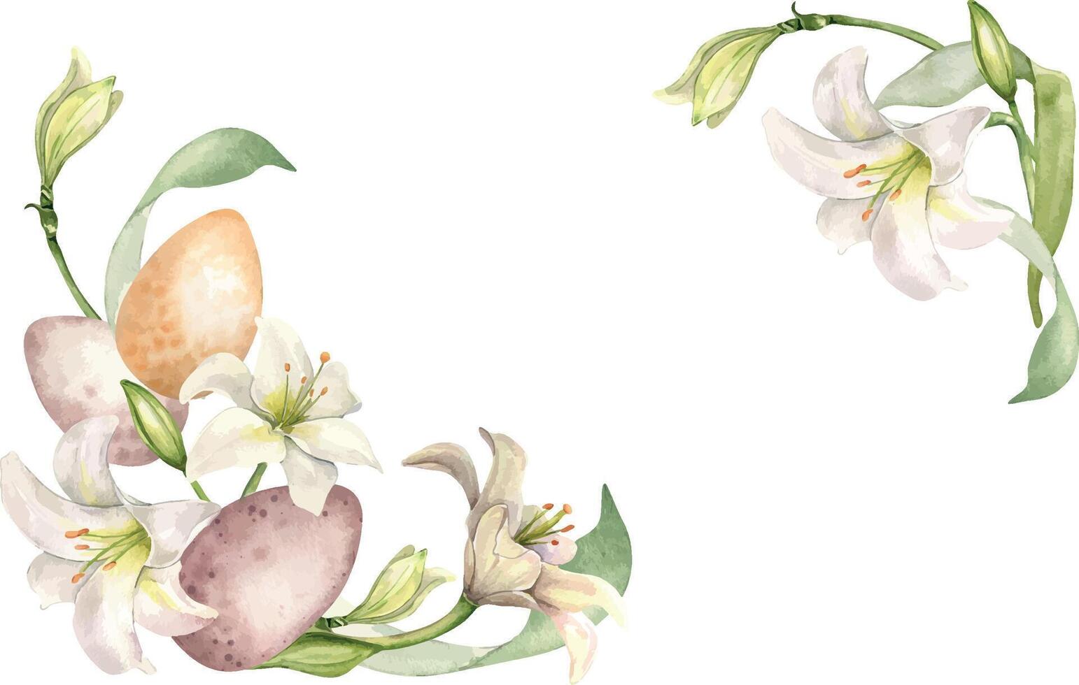 Blumen- Rahmen mit Ostern Eier und Weiß Blumen. Lilie und Knospen Aquarell Banner isoliert auf Weiß. Lilium botanisch Kunst Hand gezeichnet. Design zum Einladung, Christentum Urlaub, Ostern Dekoration vektor