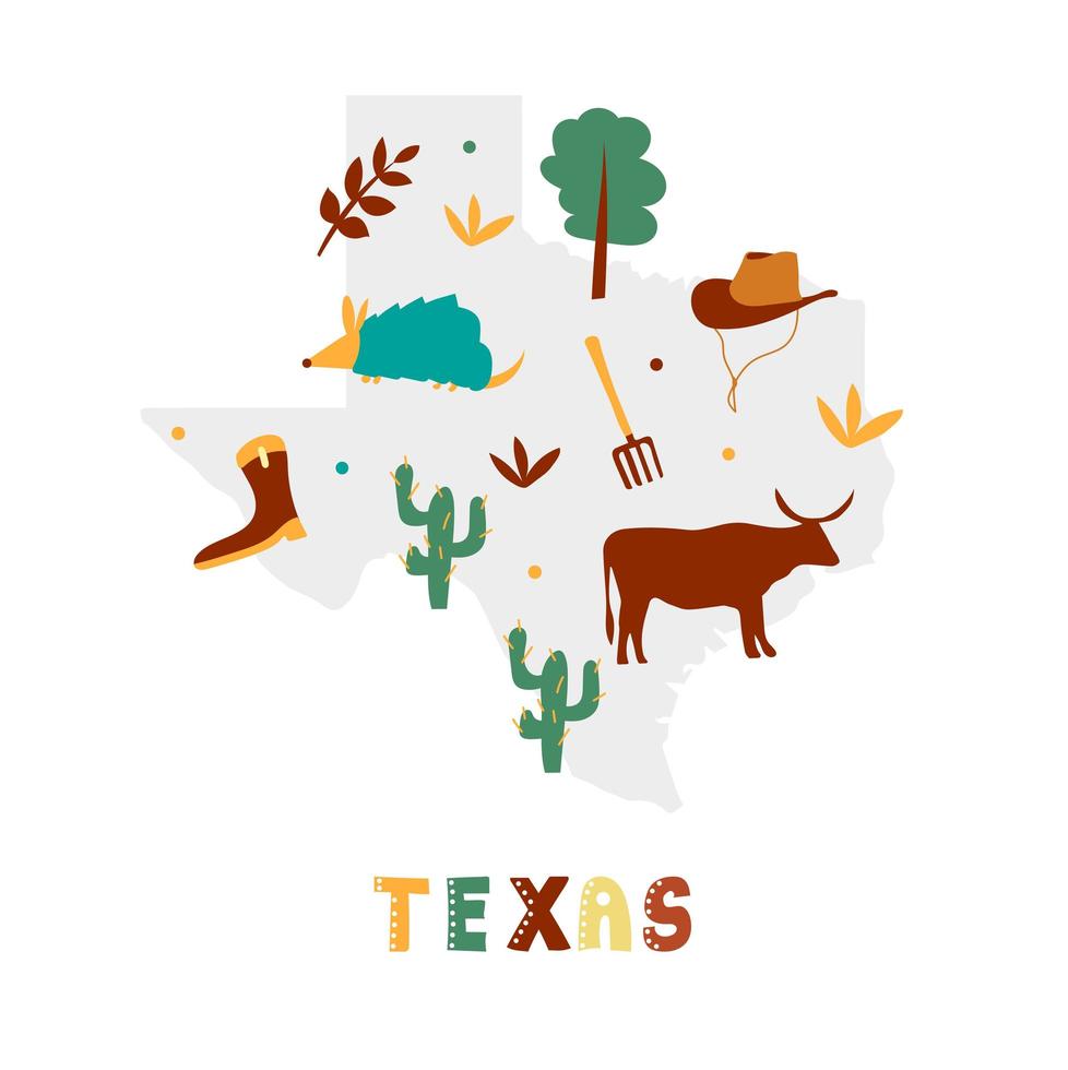 USA-Kartensammlung. Staatssymbole auf grauer Staatssilhouette - Texas vektor