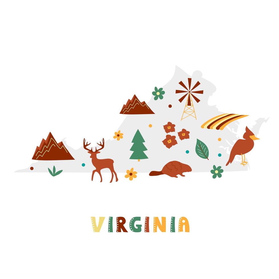 USA-Kartensammlung. Staatssymbole auf grauer Staatssilhouette - Virginia vektor