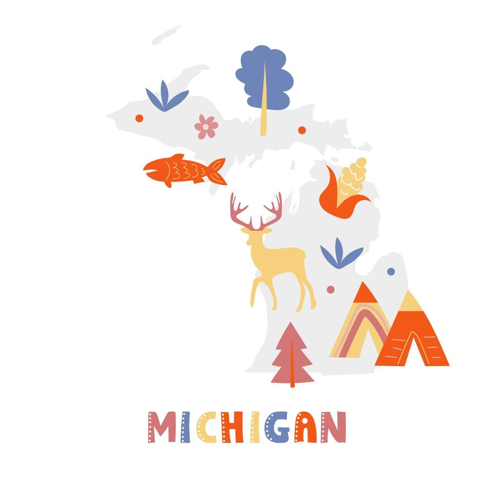 USA-Kartensammlung. Staatssymbole auf grauer Staatssilhouette - Michigan vektor