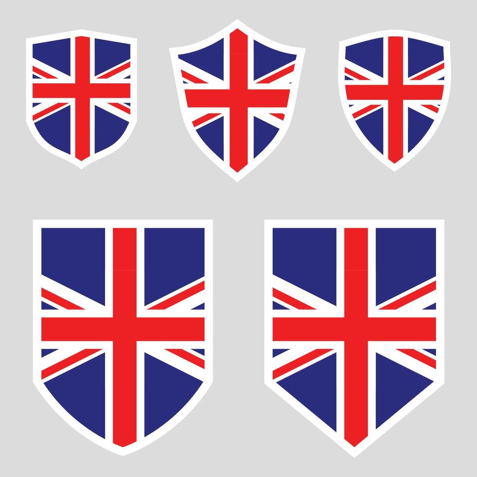 uppsättning av förenad rike flagga i skydda form ram vektor