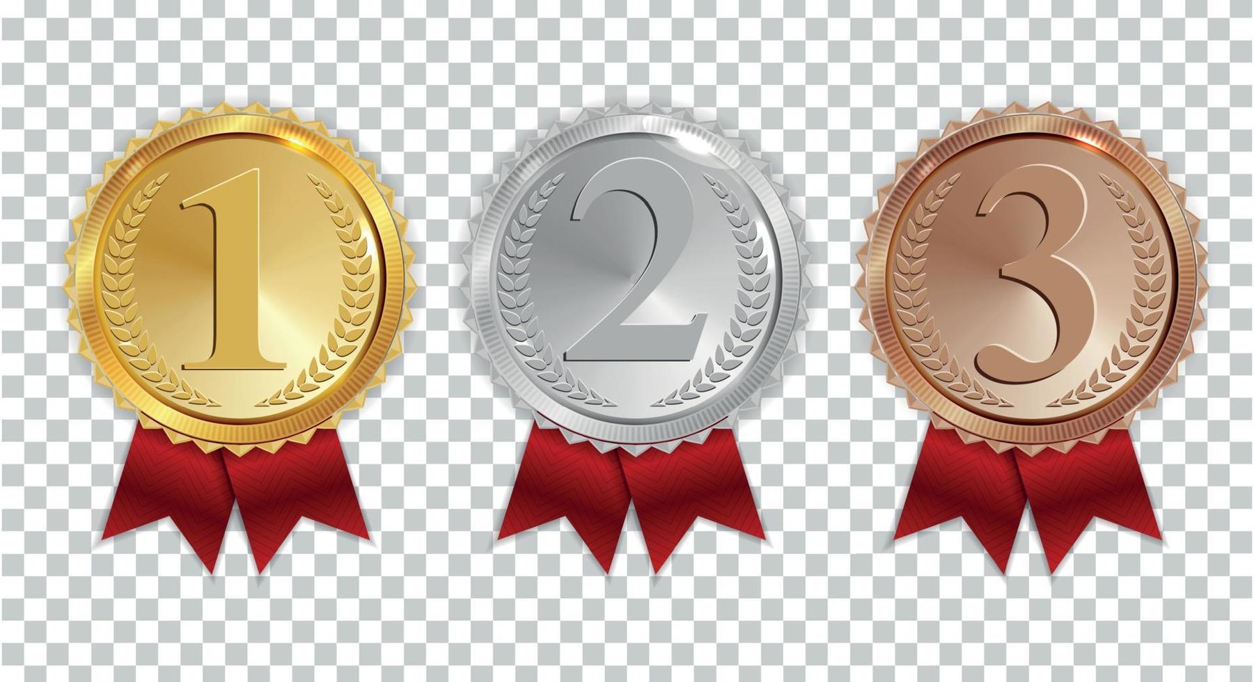 Champion Gold-, Silber- und Bronzemedaille mit rotem Bandsymbol Zeichen erster, zweiter und dritter Platz Sammlungssatz einzeln auf transparentem Hintergrund. Vektor-Illustration vektor