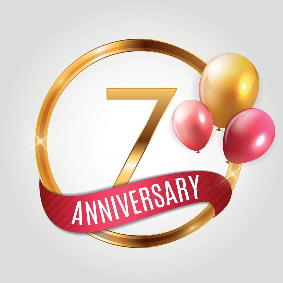 mall guld logotyp 7 års jubileum med band och ballonger vektorillustration vektor