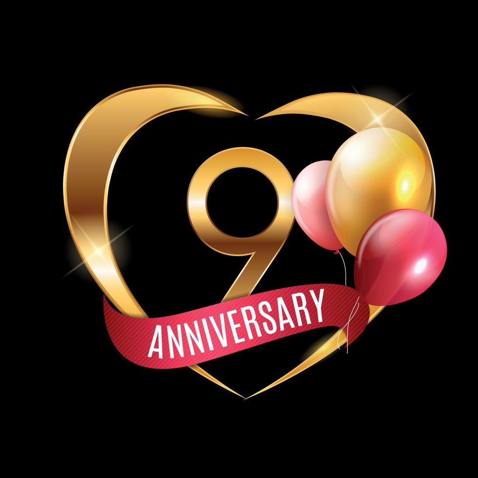 mall guld logotyp 9 års jubileum med band och ballonger vektorillustration vektor