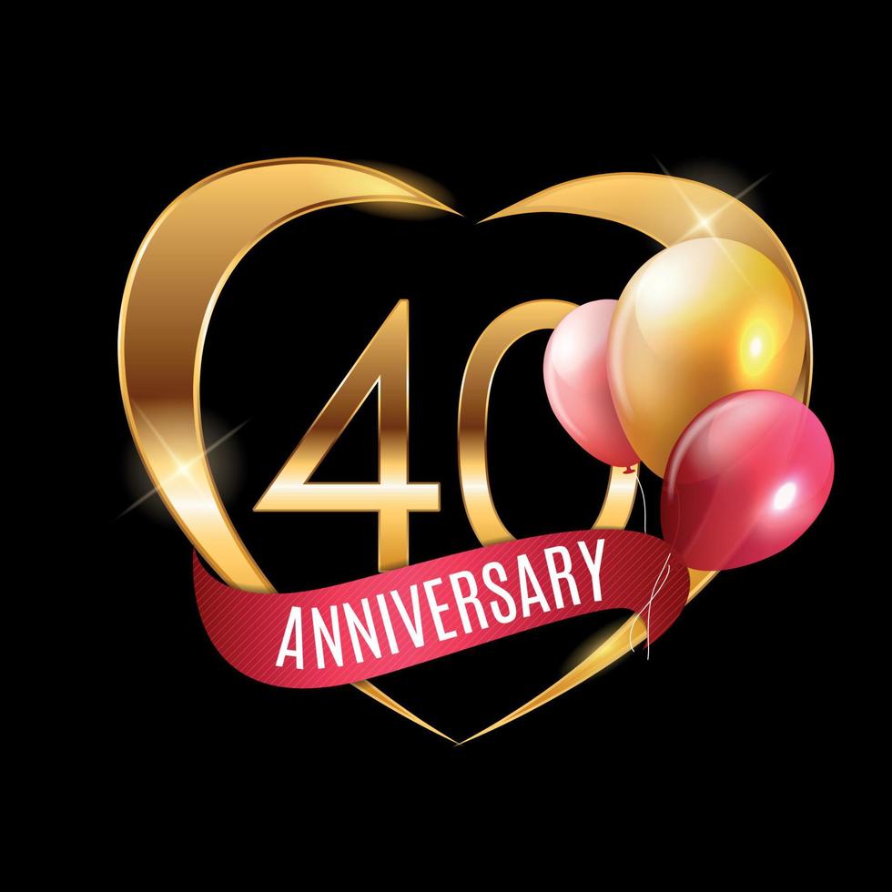 mall guld logotyp 40 års jubileum med band och ballonger vektorillustration vektor