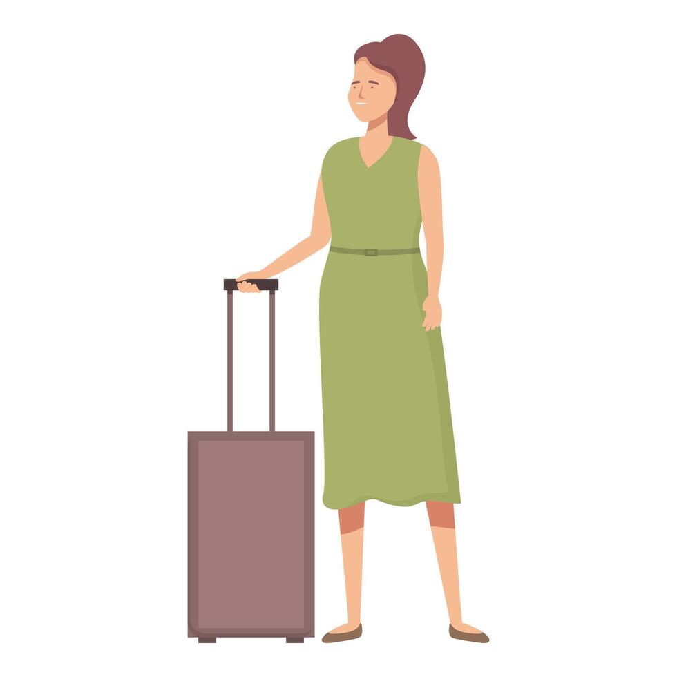 Illustration von ein Frau im ein Grün Kleid Stehen mit ein Koffer vektor