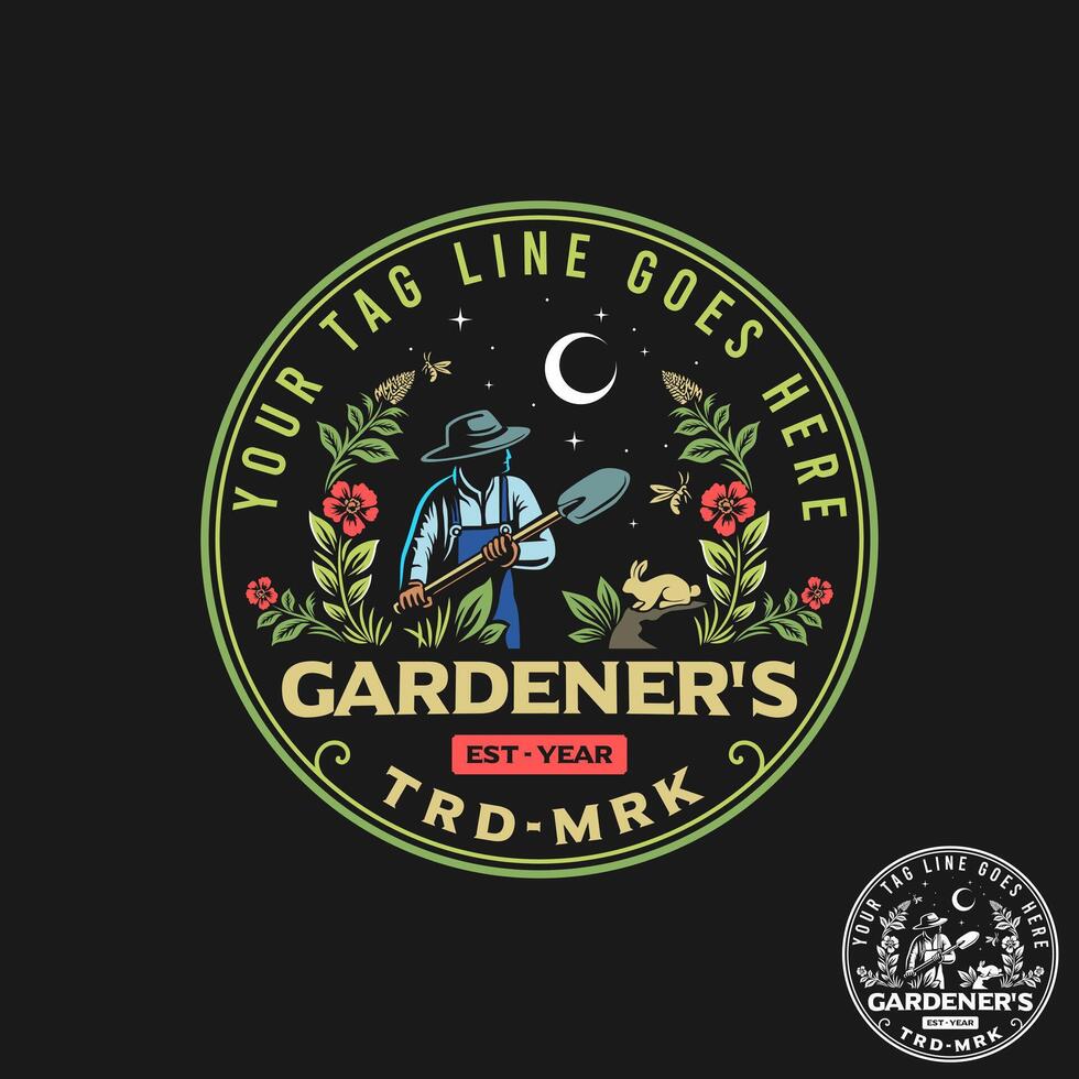 de cirkulär logotyp ilustration skildrar en trädgårdsmästare, kanin, bi, och blommor. vektor