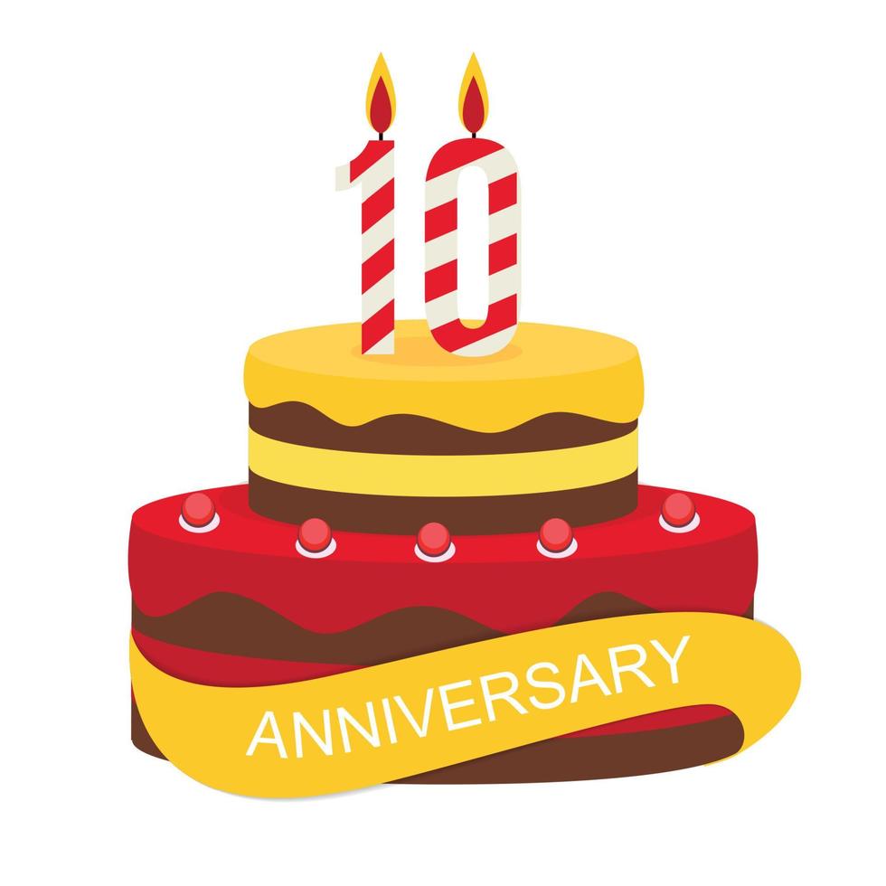 Vorlage 10 Jahre Jubiläumsglückwünsche, Grußkarte mit Kuchen, Einladungsvektorillustration vektor