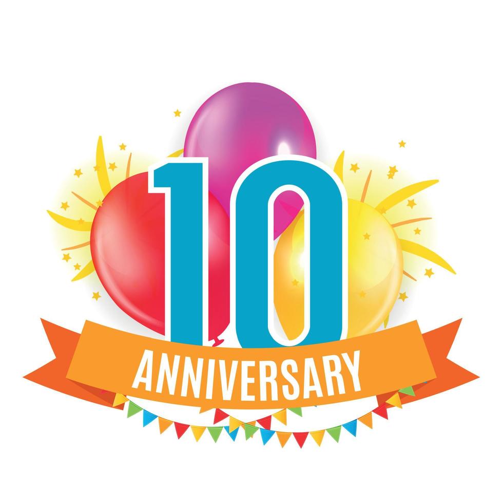 mall 10 års jubileumsgrattis, gratulationskort med ballonger inbjudan vektorillustration vektor