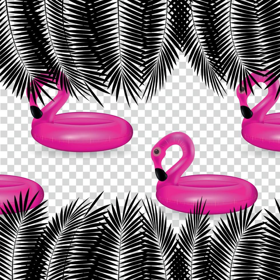 uppblåsbar cirkel för simning och avkopplande rosa flamingos med palmblad. vektor illustration