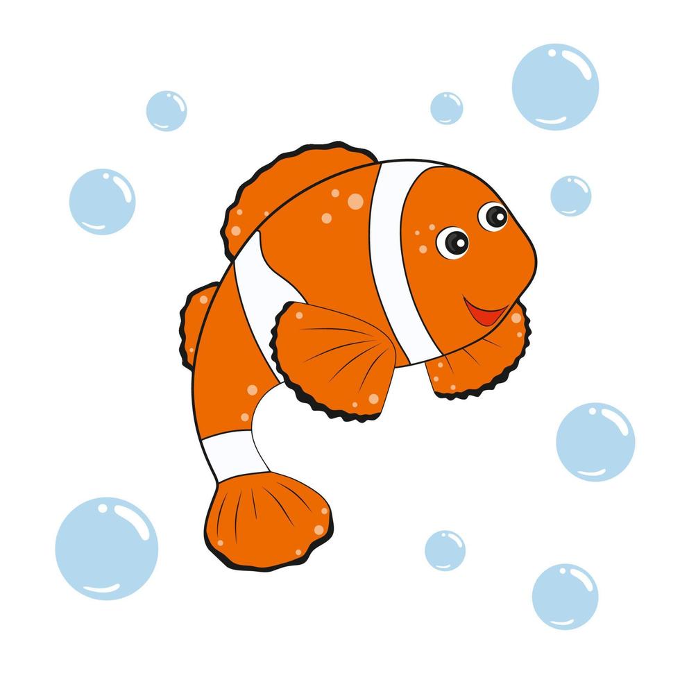 söt clown fisk isolerad på vit bakgrund. barns vektor illustration av fisk och hav invånare. design av barnböcker, kläder, färgläggning, textilier, leksaker. tecknad figur