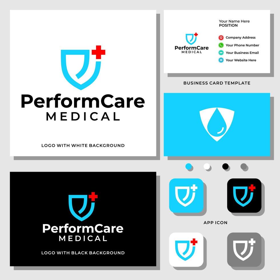 sjukhus hälsa sköld logotyp design med visitkortsmall. vektor