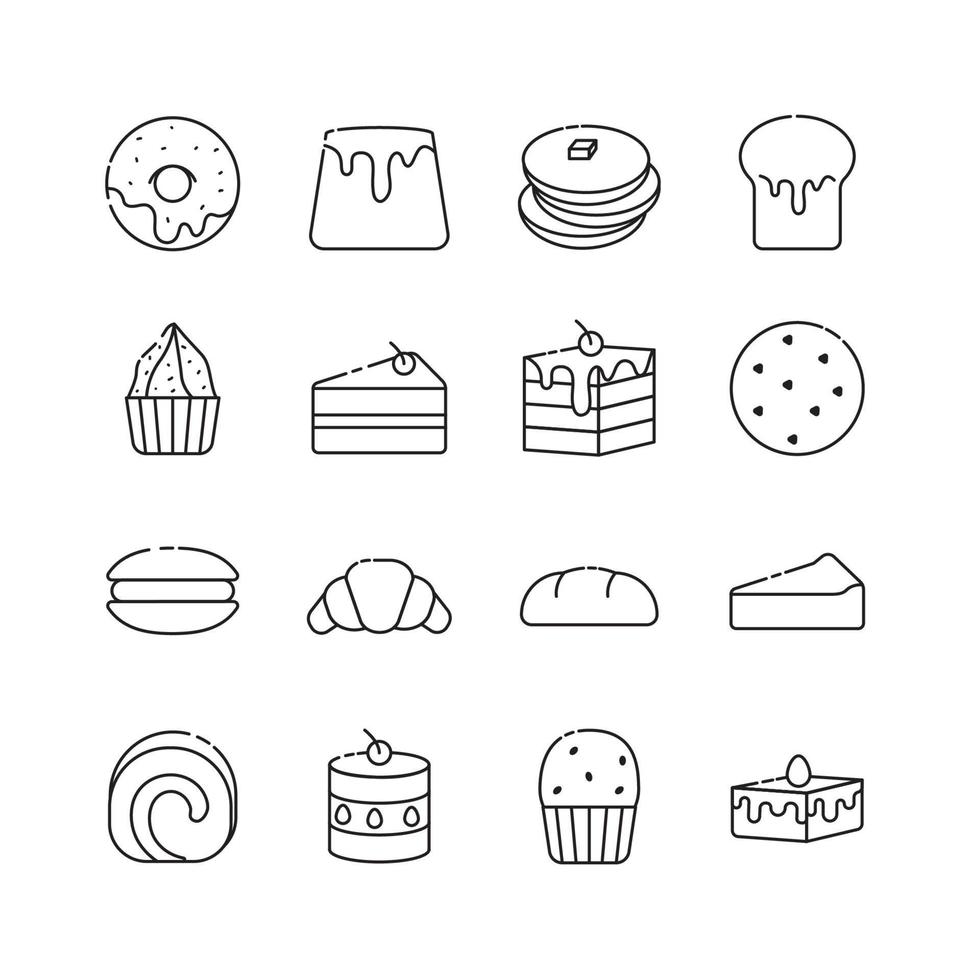 Süßigkeiten Icon Set, schwarzer Umriss, 16 Icons, isolierter Hintergrund, Vektor, Illustration. vektor