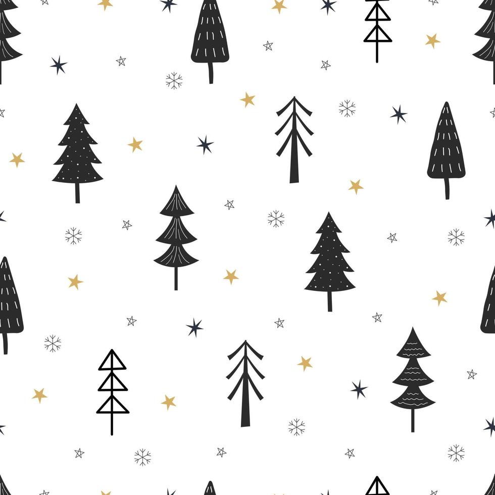 Nahtloser Musterweihnachtshintergrund mit Weihnachtsbaum und Sternen handgezeichnetes Design im Cartoon-Stil, Verwendung für Druck, Feiertapete, Stoff, Textil. Vektor-Illustration vektor