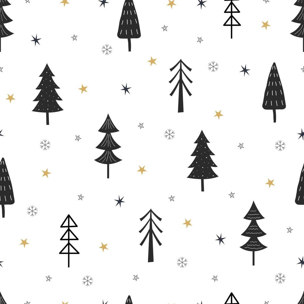 seamless mönster jul bakgrund med julgran och stjärnor handritad design i tecknad stil, användning för tryck, firande tapeter, tyg, textil. vektor illustration