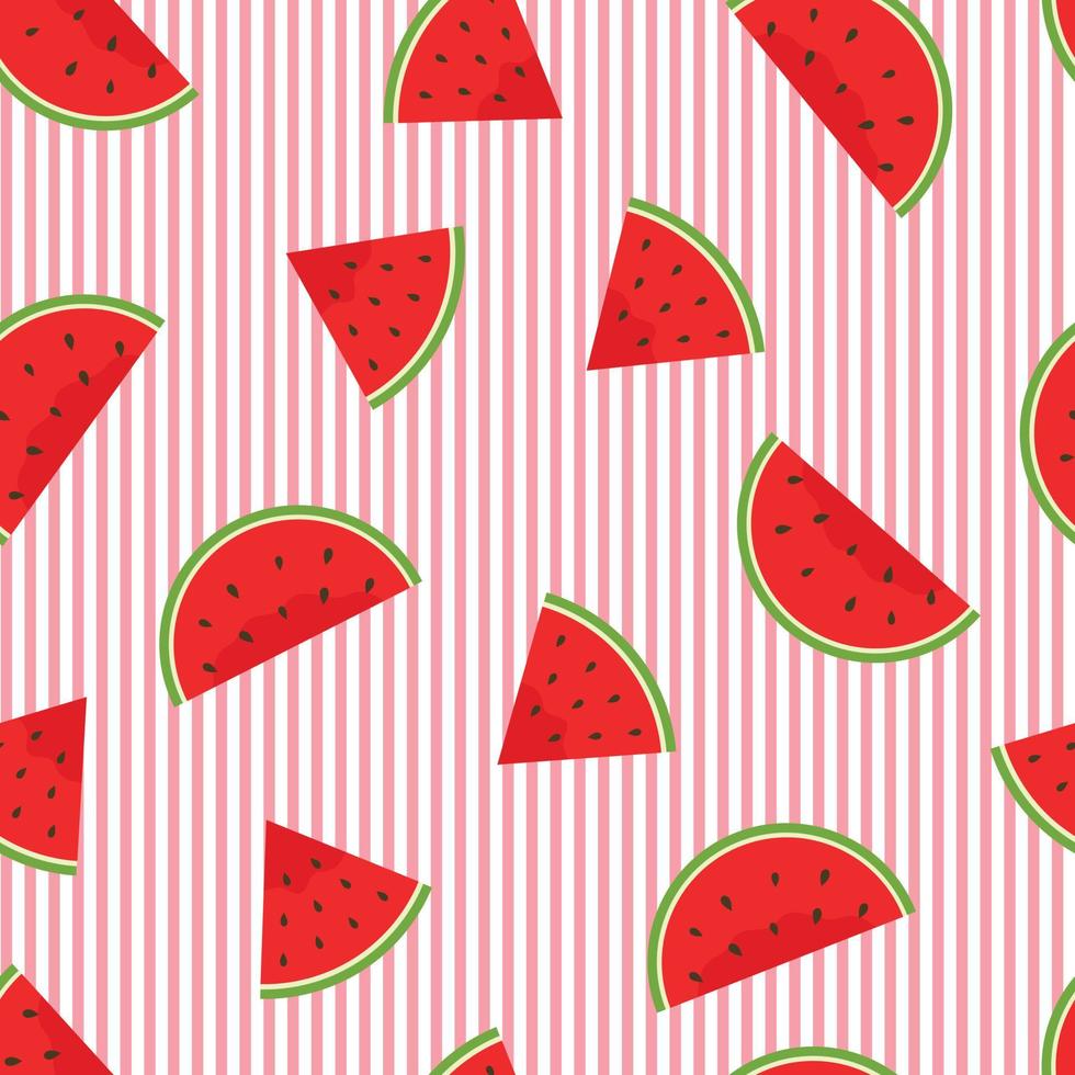 sömlöst vektormönster en liten bit vattenmelon placerad på en randig bakgrund tecknad stildesign som används för utskrift, tapeter, dukar, textilier vektor