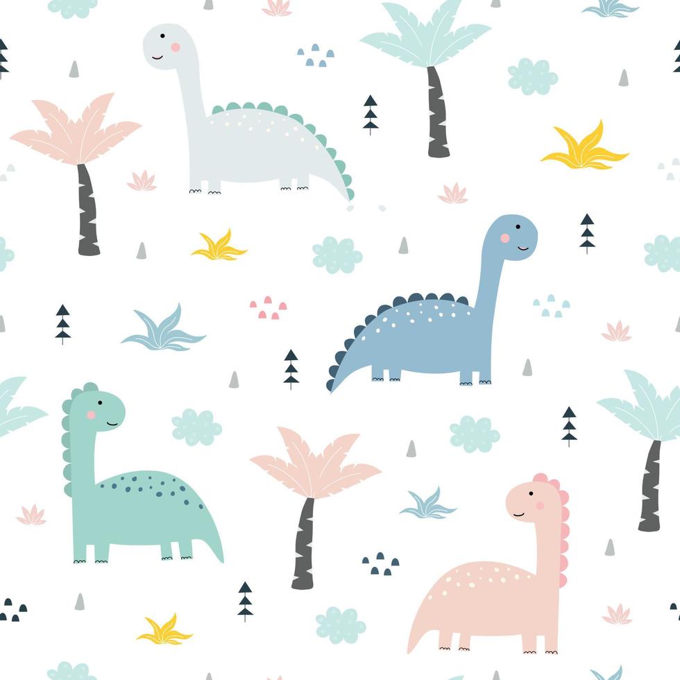 Nahtloser Musterkarikaturhintergrund mit Dinosauriern und Palmen handgezeichnetes Design im Kinderstil für den Druck, Textilien Kinderbekleidung vektor