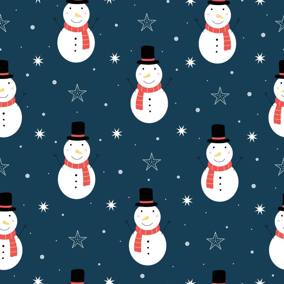 Weihnachten nahtlose Muster ein Schneemann und Schneeflocken auf blauem Grund. handgezeichnetes Design im Cartoon-Stil, Verwendung für Druck, Feiertapete, Stoff, Textil. Vektor-Illustration vektor