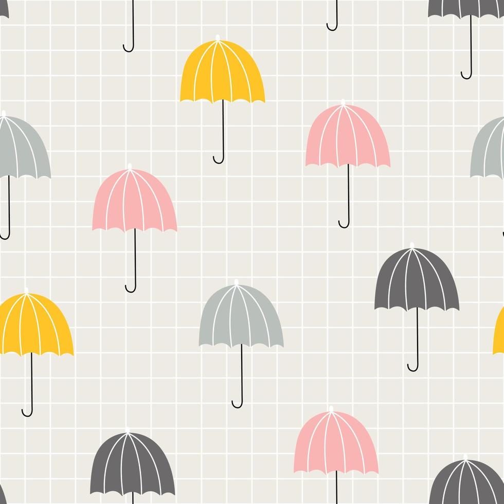 nahtlose Muster bunten Regenschirm auf einem Hintergrund von grauen rechteckigen Rastermuster. handgezeichnetes Design im Cartoon-Stil, Verwendung für Druck, Tapete, Stoff, Textilien. Vektor-Illustration vektor