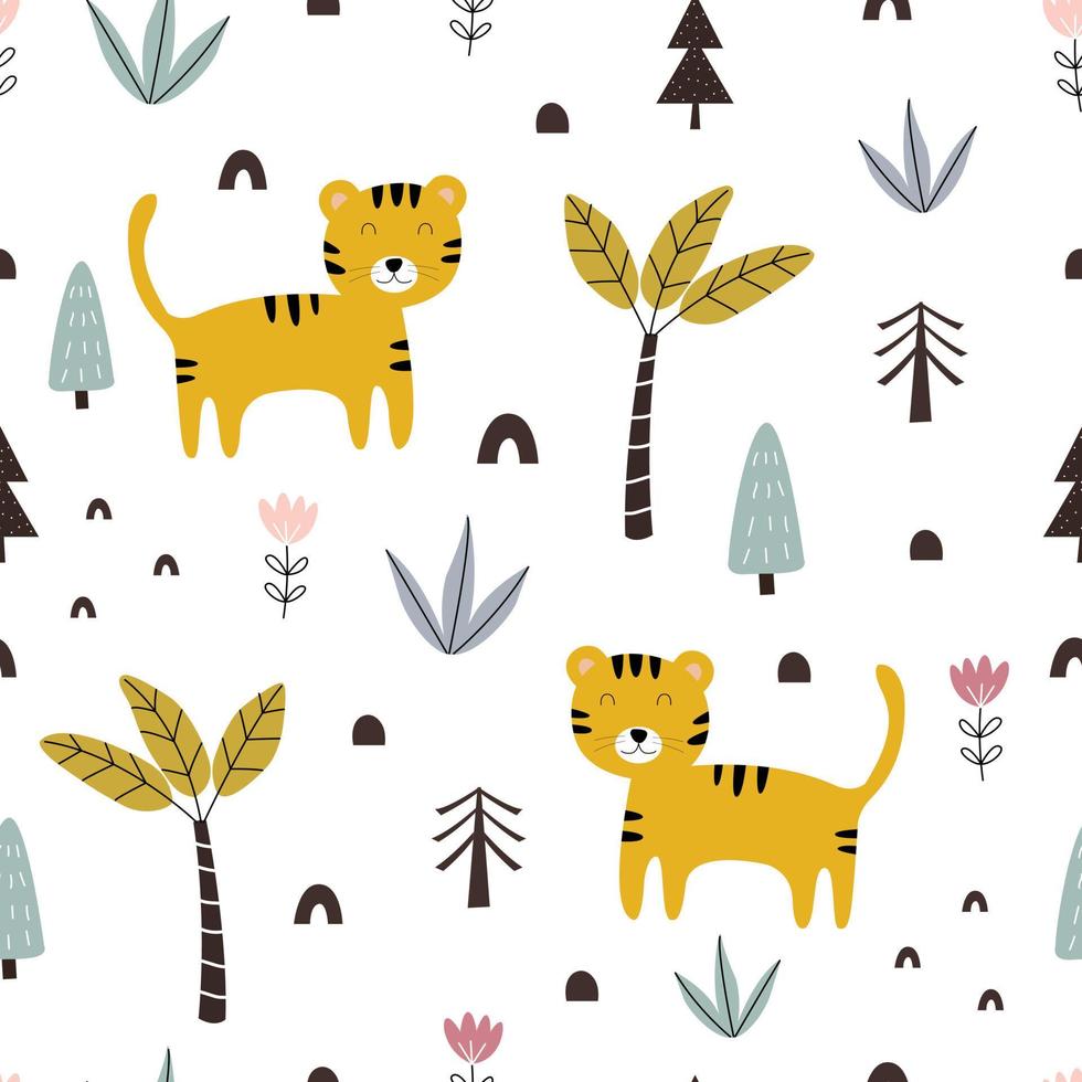 sömlöst mönster tecknad djurbakgrund med tigrar och träd handritad design i barnstil som används för tyger, textilier, tapeter, vektorillustrationer. vektor