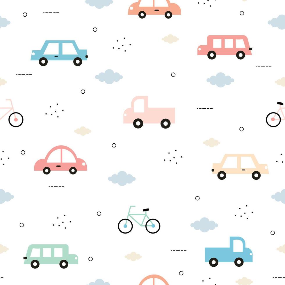 sömlöst mönster veteranbil och cykel och med moln på en vit bakgrund söt design i tecknad stil som används för tyg, textil, mode, presentpapper, vektorillustration vektor