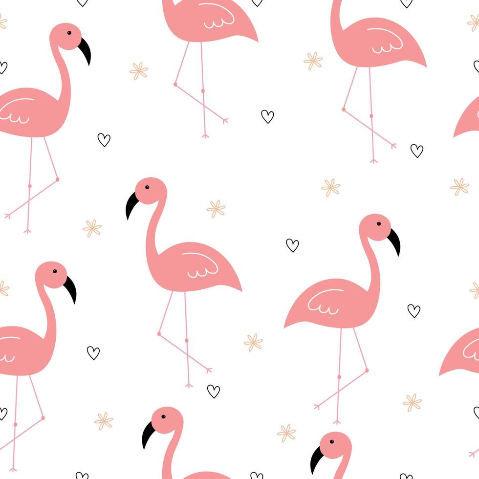 nahtlose Muster niedlichen Cartoon Tier Hintergrund mit rosa Flamingo und Herz-Symbol mit handgezeichneten Blumen Design-Ideen für die Veröffentlichung, Textil, Vektor-Illustration. vektor