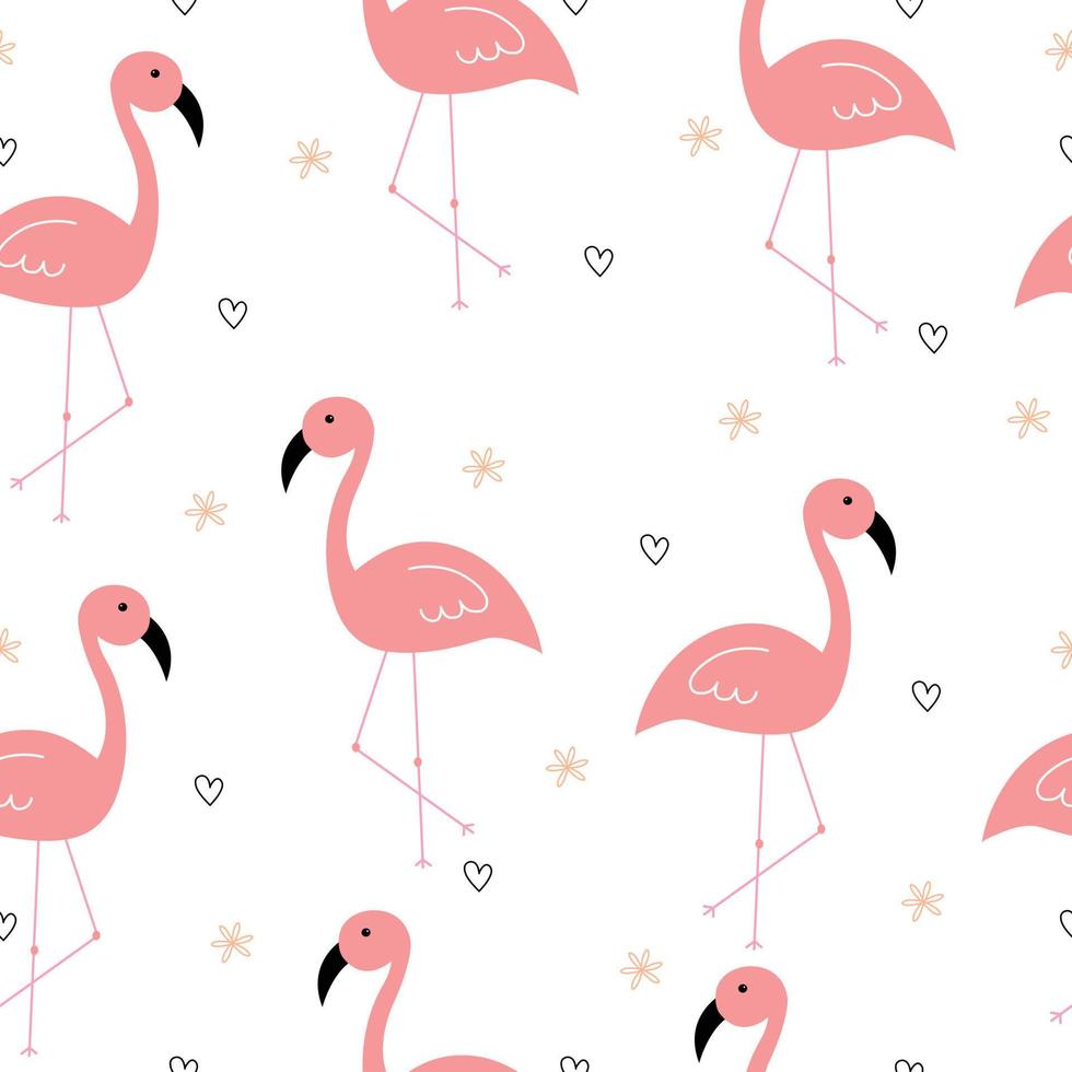 sömlösa mönster söt tecknad djurbakgrund med rosa flamingo och hjärtikon med handritade blommor designidéer för publicering, textil, vektorillustration. vektor