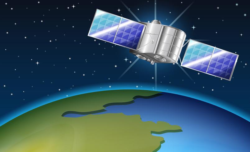 Hintergrundszene mit dem Satelliten, der über Erde fliegt vektor