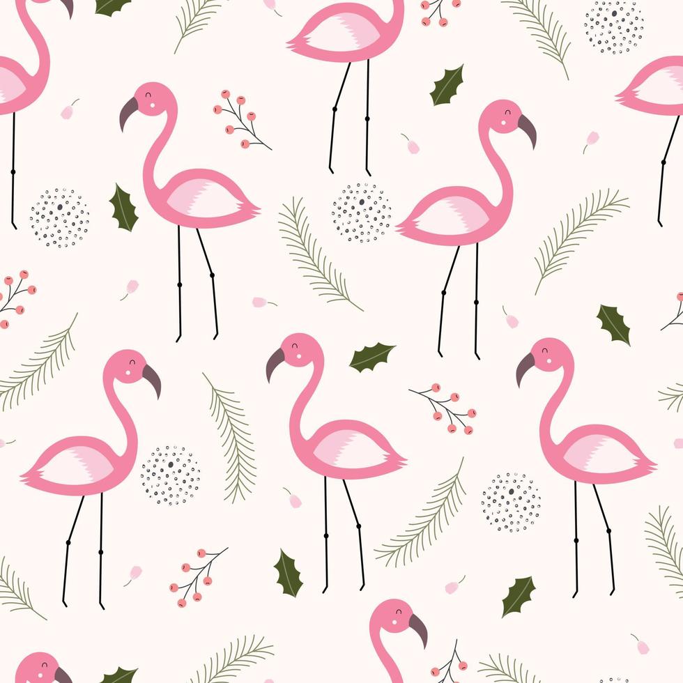 Nahtloses Muster Flamingo und Blätter handgezeichneter Cartoon-Tierhintergrund im Kinderstil-Design zum Drucken von Tapeten, Stoffen, Textilien. Vektor-Illustration vektor