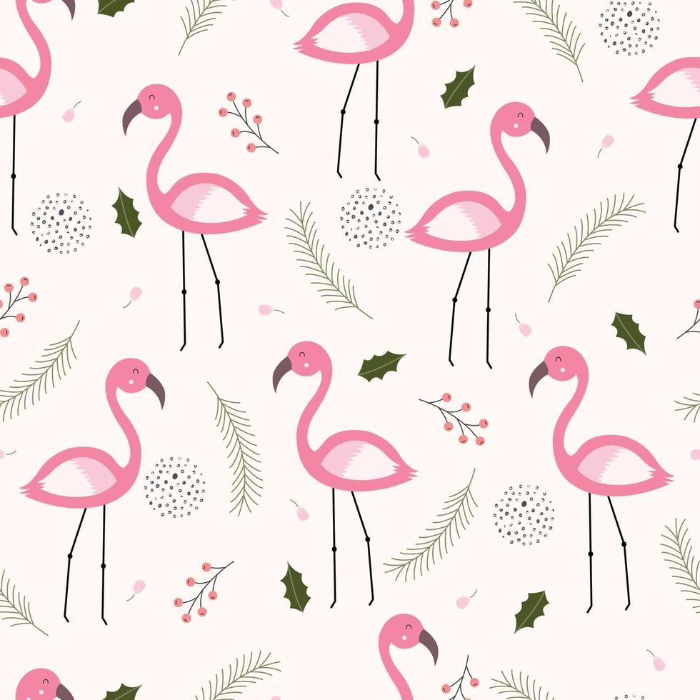 sömlösa mönster flamingo och löv handritad tecknad djurbakgrund i barnstildesign som används för att skriva ut tapeter, tyg, textilier. vektor illustration