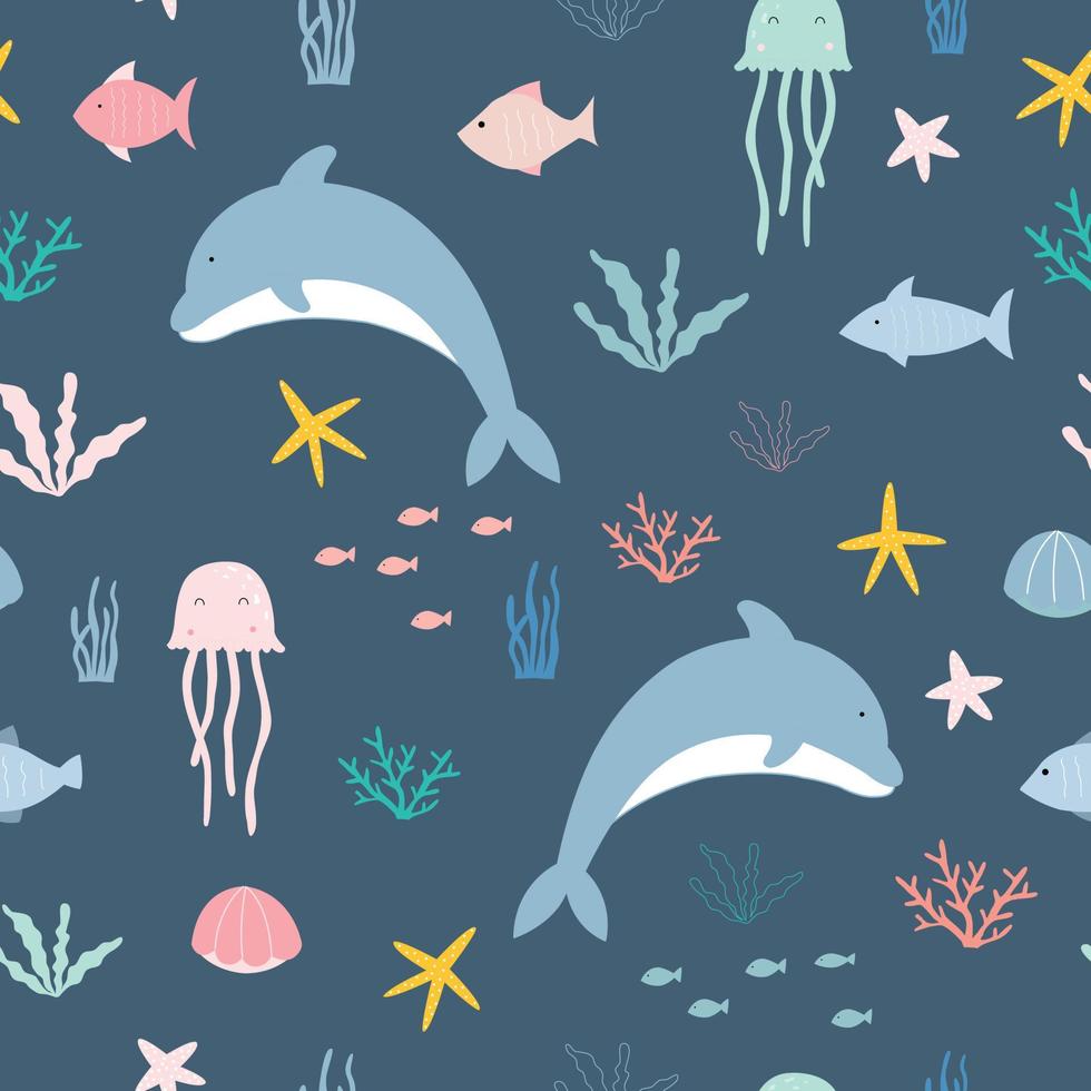 sömlös tecknad mönster delfiner flyter i havet marina liv bakgrund handritad i barns stil som används för tyger, textilier mode vektor illustration