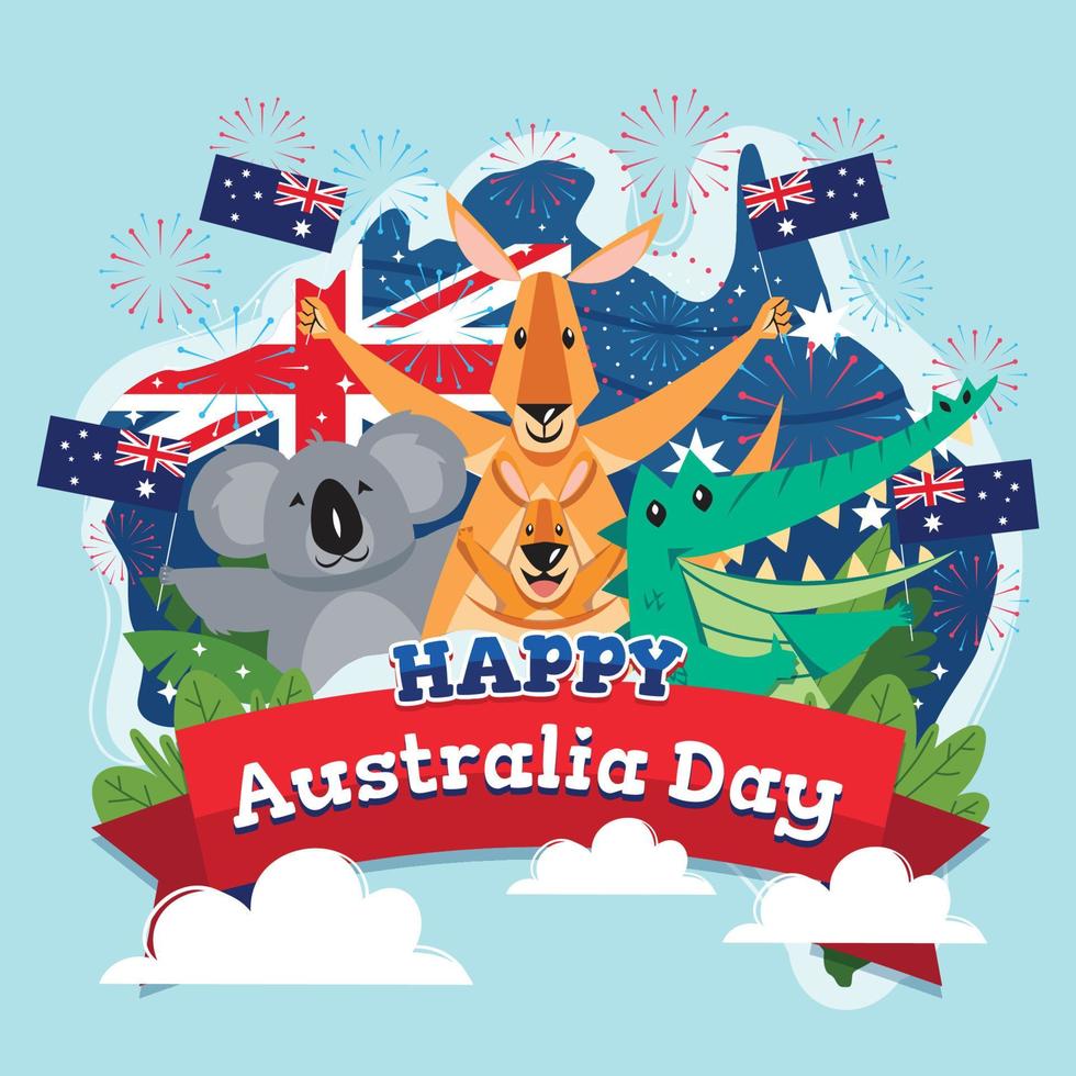 glad australiens dag med australiska djur som håller flaggor vektor