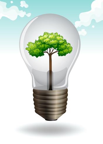 Spara energitema med glödlampa och träd vektor
