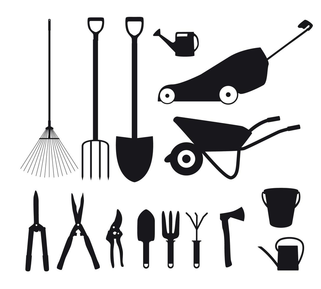 Gartengeräte, flache Icon-Sammlung von Instrumenten. Schaufel, Eimer, Rechen, Gartenschere, Schere, Schubkarre und Bewässerung vektor