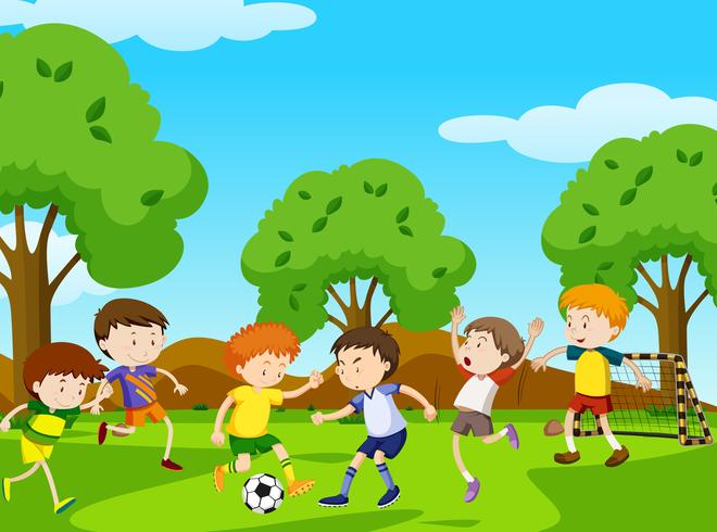 Jungen, die Fußball im Park spielen vektor